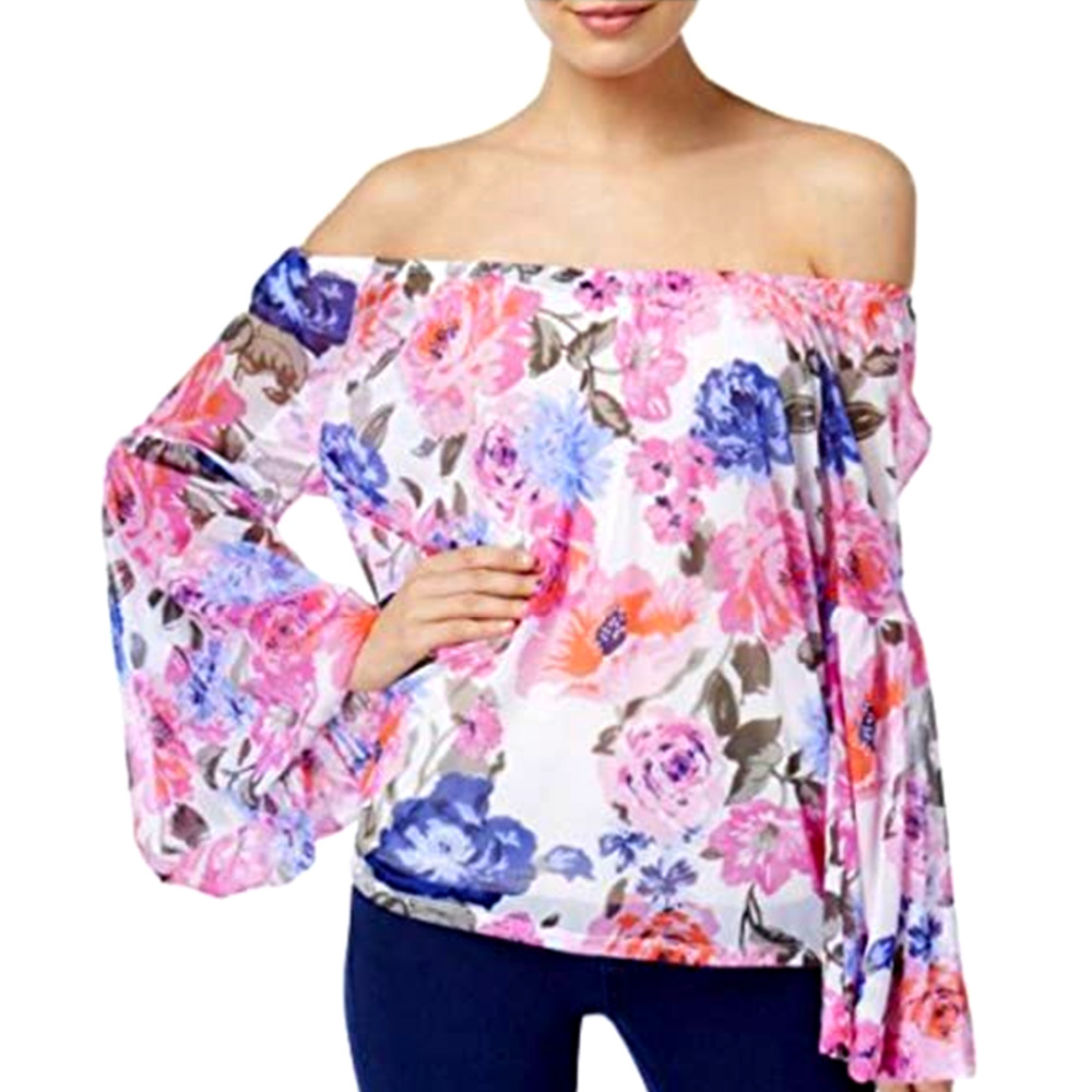 INC Sheer Floral Print Off The Shoulder Top w/Bell Sleeves Size Medium